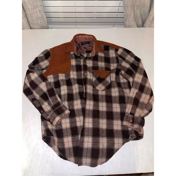 Vintage 70s 80s Kmart Men’s Wool Blend Button Down Flannel Plaid  Brown SZ Large - Picture 1 of 7